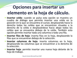 Opciones para insertar un
elemento en la hoja de cálculo.
 Insertar celda: cuando se pulsa esta opción se muestra un
cuadro de diálogo que permite insertar una celda en la
posición en la que se encuentra el cursor, desplazando hacia la
derecha todas las celdas que se encuentran situadas a la
derecha de la celda o desplazándose hacia abajo todas las
celdas que se encuentra debajo de la celda. También esta
opción permite insertar toda una columna o toda una fila.
 Insertar filas de hoja: inserta filas en la hoja, desplazando la
filas que se encuentran debajo de la selección.
 Insertar columnas de hoja: inserta columnas en la hoja,
desplazando las columnas que se encuentran a la derecha de
la selección.
 Insertar hoja: permite insertar una nueva hoja delante de la
hoja de trabajo.
Hoja de Calculo Microsoft Excel 2007 22
 