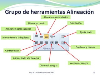 Grupo de herramientas Alineación
Hoja de Calculo Microsoft Excel 2007 27
Ajuste texto
Combinar y centrar
Alinear en parte inferior
Alinear en parte superior
Alinear en medio Orientación
Alinear texto a la derecha
Alinear texto a la izquierda
Centrar texto
Disminuir sangría
Aumentar sangría
 