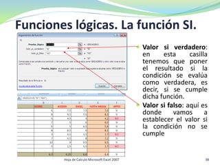  Valor si verdadero:
en esta casilla
tenemos que poner
el resultado si la
condición se evalúa
como verdadera, es
decir, si se cumple
dicha función.
 Valor si falso: aquí es
donde vamos a
establecer el valor si
la condición no se
cumple
Funciones lógicas. La función SI.
38Hoja de Calculo Microsoft Excel 2007
 