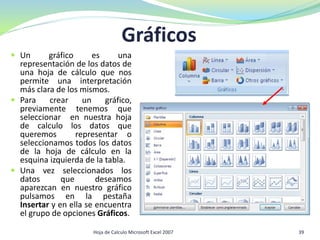 Gráficos
 Un gráfico es una
representación de los datos de
una hoja de cálculo que nos
permite una interpretación
más clara de los mismos.
 Para crear un gráfico,
previamente tenemos que
seleccionar en nuestra hoja
de calculo los datos que
queremos representar o
seleccionamos todos los datos
de la hoja de cálculo en la
esquina izquierda de la tabla.
 Una vez seleccionados los
datos que deseamos
aparezcan en nuestro gráfico
pulsamos en la pestaña
Insertar y en ella se encuentra
el grupo de opciones Gráficos.
39Hoja de Calculo Microsoft Excel 2007
 