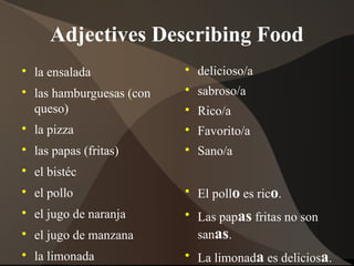 Adjectives Describing Food

la ensalada

las hamburguesas (con
queso)

la pizza

las papas (fritas)

el bistéc

el pollo

el jugo de naranja

el jugo de manzana

la limonada

delicioso/a

sabroso/a

Rico/a

Favorito/a

Sano/a

El pollo es rico.

Las papas fritas no son
sanas.

La limonada es deliciosa.
 