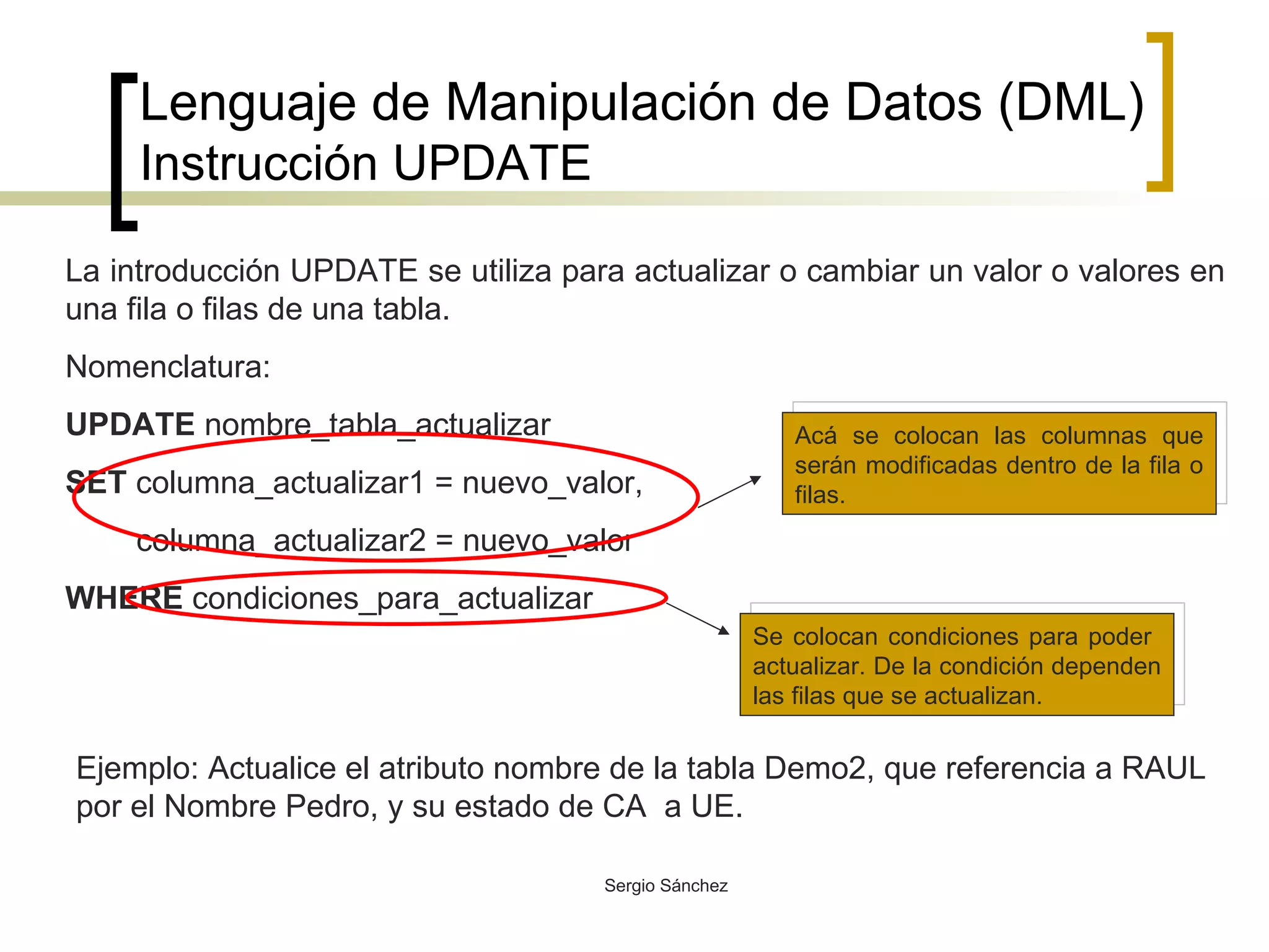 Lenguaje de Manipulación de Datos (DML) Instrucción UPDATE La introducción UPDATE se utiliza para actualizar o cambiar un valor o valores en una fila o filas de una tabla.  Nomenclatura: UPDATE  nombre_tabla_actualizar SET  columna_actualizar1 = nuevo_valor, columna_actualizar2 = nuevo_valor WHERE  condiciones_para_actualizar  Acá se colocan las columnas que serán modificadas dentro de la fila o filas. Se colocan condiciones para poder  actualizar. De la condición dependen las filas que se actualizan. Ejemplo: Actualice el atributo nombre de la tabla Demo2, que referencia a RAUL por el Nombre Pedro, y su estado de CA  a UE.  