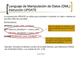 Lenguaje de Manipulación de Datos (DML) Instrucción UPDATE La introducción UPDATE se utiliza para actualizar o cambiar un valor o valores en una fila o filas de una tabla.  Nomenclatura: UPDATE  nombre_tabla_actualizar SET  columna_actualizar1 = nuevo_valor, columna_actualizar2 = nuevo_valor WHERE  condiciones_para_actualizar  Acá se colocan las columnas que serán modificadas dentro de la fila o filas. Se colocan condiciones para poder  actualizar. De la condición dependen las filas que se actualizan. Ejemplo: Actualice el atributo nombre de la tabla Demo2, que referencia a RAUL por el Nombre Pedro, y su estado de CA  a UE.  
