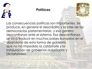 Políticas


Las consecuencias políticas son importantes. Se
produce, en general el descrédito y la crisis de las
democracias parlamentarias y eso genera
desconfianza ante el sistema. Esa desconfianza
se va a traducir en muchos países europeos en el
abandono de esta forma de gobierno
que no ha impedido la catástrofe y la
instauración de gobiernos autoritarios y
Dictatoriales.
 
