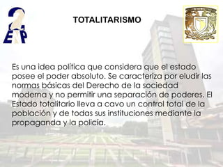 TOTALITARISMO




Es una idea política que considera que el estado
posee el poder absoluto. Se caracteriza por eludir las
normas básicas del Derecho de la sociedad
moderna y no permitir una separación de poderes. El
Estado totalitario lleva a cavo un control total de la
población y de todas sus instituciones mediante la
propaganda y la policía.
 
