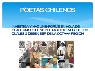 POETAS CHILENOS INVESTIGA Y HAZ UN INFORME EN HOJA DE CUADERNILLO DE 10 POETAS CHILENOS, DE LOS CUALES 2 DEBEN SER DE LA OCTAVA REGIÓN 