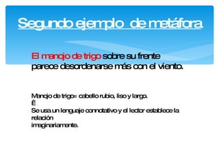 Segundo ejemplo  de metáfora El manojo de trigo  sobre su frente parece desordenarse más con el viento. Manojo de trigo= cabello rubio, liso y largo.   Se usa un lenguaje connotativo y el lector establece la relación imaginariamente. 