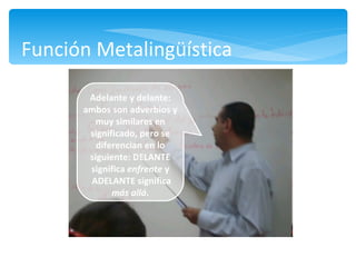 Función Metalingüística  Atrás Adelante y delante: ambos son adverbios y muy similares en significado, pero se diferencian en lo siguiente: DELANTE significa  enfrente  y  ADELANTE significa  más allá . 