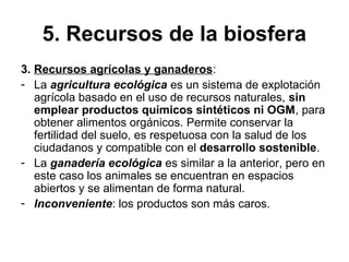 5. Recursos de la biosfera
3. Recursos agrícolas y ganaderos:
- La agricultura ecológica es un sistema de explotación
agrícola basado en el uso de recursos naturales, sin
emplear productos químicos sintéticos ni OGM, para
obtener alimentos orgánicos. Permite conservar la
fertilidad del suelo, es respetuosa con la salud de los
ciudadanos y compatible con el desarrollo sostenible.
- La ganadería ecológica es similar a la anterior, pero en
este caso los animales se encuentran en espacios
abiertos y se alimentan de forma natural.
- Inconveniente: los productos son más caros.
 