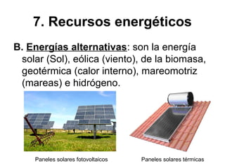 7. Recursos energéticos
B. Energías alternativas: son la energía
solar (Sol), eólica (viento), de la biomasa,
geotérmica (calor interno), mareomotriz
(mareas) e hidrógeno.
Paneles solares fotovoltaicos Paneles solares térmicas
 