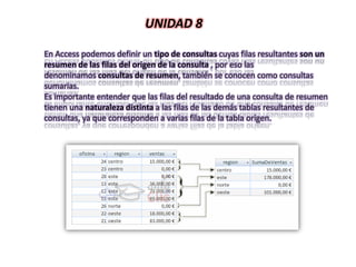 UNIDAD 8

En Access podemos definir un tipo de consultas cuyas filas resultantes son un
resumen de las filas del origen de la consulta , por eso las
denominamos consultas de resumen, también se conocen como consultas
sumarias.
Es importante entender que las filas del resultado de una consulta de resumen
tienen una naturaleza distinta a las filas de las demás tablas resultantes de
consultas, ya que corresponden a varias filas de la tabla origen.
 