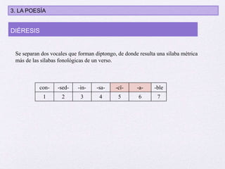 Se separan dos vocales que forman diptongo, de donde resulta una sílaba métrica
más de las sílabas fonológicas de un verso.
con- -sed- -in- -sa- -cï- -a- -ble
1 2 3 4 5 6 7
DIÉRESIS
3. LA POESÍA
 