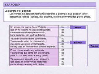 3. LA POESÍA
La estrofa y el poema:
Los versos se agrupan formando estrofas o poemas, que pueden tener
esquemas rígidos (soneto, lira, décima, etc) o ser inventados por el poeta.
Un soneto me manda hacer Violante,
que en mi vida me he visto en tal aprieto;
catorce versos dicen que es soneto;
burla burlando, van los tres delante.
11 A
11 B
11 B
11 A
Yo pensé que no hallara consonante.
Y estoy en la mitad de otro cuarteto;
mas si me veo en el primer terceto,
no hay cosa en los cuartetos que me espante.
11 A
11 B
11 B
11 A
Por el primer terceto voy entrando
y aun parece que entré con pie derecho,
pues fin con este verso le estoy dando.
11 C
11 D
11 C
Ya estoy en el segundo y aun sospecho
que estoy los trece versos acabando:
contar si son catorce y está hecho.
11 D
11 C
11 D
Verso
Estrofa
Poema
 