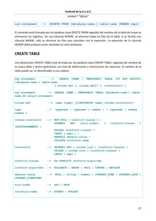 Android de la A a la Z
Unidad 7 “SQLite”
21
sql-statement ::= DELETE FROM [database-name.] table-name [WHERE expr]
El comando está formado por las palabras clave DELETE FROM seguidas del nombre de la tabla de la que se
eliminarán los registros. Sin una cláusula WHERE, se eliminan todas las filas de la tabla. Si se facilita una
cláusula WHERE, sólo se eliminan las filas que coincidan con la expresión. La expresión de la cláusula
WHERE debe producir como resultado un valor booleano.
CREATE TABLE
Una declaración CREATE TABLE está formada por las palabras clave CREATE TABLE, seguidas del nombre de
la nueva tabla y (entre paréntesis) una lista de definiciones y restricciones de columnas. El nombre de la
tabla puede ser un identificador o una cadena.
sql-statement ::= CREATE [TEMP | TEMPORARY] TABLE [IF NOT EXISTS]
[database-name.] table-name
( column-def [, column-def]* [, constraint]* )
sql-statement ::= CREATE [TEMP | TEMPORARY] TABLE [database-name.] table-
name AS select-statement
column-def ::= name [type] [[CONSTRAINT name] column-constraint]*
type ::= typename | typename ( number ) | typename ( number ,
number )
column-constraint ::= NOT NULL [ conflict-clause ] |
PRIMARY KEY [sort-order] [ conflict-clause ]
[AUTOINCREMENT] |
UNIQUE [conflict-clause] |
CHECK ( expr ) |
DEFAULT default-value |
COLLATE collation-name
constraint ::= PRIMARY KEY ( column-list ) [conflict-clause] |
UNIQUE ( column-list ) [conflict-clause] |
CHECK ( expr )
conflict-clause ::= ON CONFLICT conflict-algorithm
conflict-algorithm ::= ROLLBACK | ABORT | FAIL | IGNORE | REPLACE
default-value ::= NULL | string | number | CURRENT_TIME | CURRENT_DATE |
CURRENT_TIMESTAMP
sort-order ::= ASC | DESC
collation-name ::= BINARY | NOCASE
 