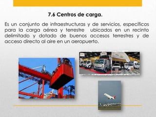 7.6 Centros de carga.
Es un conjunto de infraestructuras y de servicios, específicos
para la carga aérea y terrestre ubicados en un recinto
delimitado y dotado de buenos accesos terrestres y de
acceso directo al aire en un aeropuerto.

 