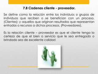 7.8 Cadenas cliente - proveedor.
Se define como la relación entre los individuos o grupos de
individuos que reciben o se benefician con un proceso,
(Clientes); y aquellos que originan resultados que representan
entradas o recursos a dichos procesos, (Proveedores).
Es la relación cliente – proveedor es que el cliente tenga la
certeza de que el bien o servicio que le sea entregado o
brindado sea de excelente calidad

 