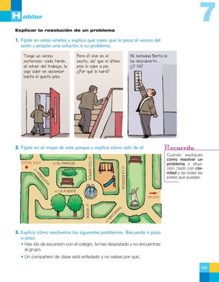 7

H ablar
Explicar la resolución de un problema

1. Fíjate en estas viñetas y explica qué crees que le pasa al vecino del
sexto y propón una solución a su problema.
Tengo un vecino
misterioso: cada tarde,
al volver del trabajo, le
oigo subir en ascensor
hasta el quinto piso.

Mi hermana Berta lo
ha descubierto...
¿Y tú?

Pero él vive en el
sexto, así que el último
piso lo sube a pie.
¿Por qué lo hará?

6
5
4
3
2
1

Recuerda

2. Fíjate en el mapa de este parque y explica cómo salir de él.
c/ EL PARQUE

c/ LA ESTATUA

DA
LE
BO
AR
c/

c/ COLUMPIOS

ESTÁS AQUÍ

Cuando expliques
cómo resolver un
problema o situación, hazlo con claridad y da todas las
pistas que puedas.

c/ LA FUENTE

c/ VERDE

c/
M
AT
O
RR
AL

SALIDA

3. Explica cómo resolverías los siguientes problemas. Recuerda ir paso
a paso.
• Has ido de excursión con el colegio, te has despistado y no encuentras
al grupo.
• Un compañero de clase está enfadado y no sabes por qué.
101

 