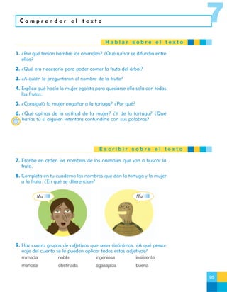 7

Comprender el texto

Hablar sobre el texto
1. ¿Por qué tenían hambre los animales? ¿Qué rumor se difundió entre
ellos?
2. ¿Qué era necesario para poder comer la fruta del árbol?
3. ¿A quién le preguntaron el nombre de la fruta?
4. Explica qué hacía la mujer egoísta para quedarse ella sola con todas
las frutas.
5. ¿Consiguió la mujer engañar a la tortuga? ¿Por qué?
6. ¿Qué opinas de la actitud de la mujer? ¿Y de la tortuga? ¿Qué
harías tú si alguien intentara confundirte con sus palabras?

Escribir sobre el texto
7. Escribe en orden los nombres de los animales que van a buscar la
fruta.
8. Completa en tu cuaderno los nombres que dan la tortuga y la mujer
a la fruta. ¿En qué se diferencian?
Mu

Mu

9. Haz cuatro grupos de adjetivos que sean sinónimos. ¿A qué personaje del cuento se le pueden aplicar todos estos adjetivos?
mimada

noble

ingeniosa

insistente

mañosa

obstinada

agasajada

buena
95

 
