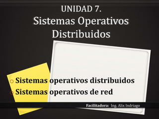 UNIDAD 7. 
Sistemas Operativos 
Distribuidos 
o Sistemas operativos distribuidos 
o Sistemas operativos de red 
Facilitadora: Ing. Alix Indriago 
 
