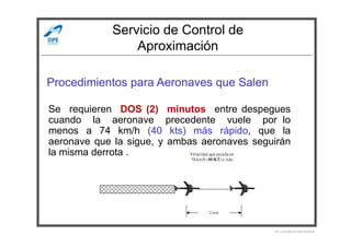 Servicio de Control de
Aproximación
Procedimientos para Aeronaves que Salen
Se requieren DOS (2) minutos entre despegues
cuando la aeronave precedente vuele por lo
Por Licenciado Christian Buchanan
cuando la aeronave precedente vuele por lo
menos a 74 km/h (40 kts) más rápido, que la
aeronave que la sigue, y ambas aeronaves seguirán
la misma derrota .
 