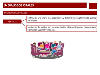 3- DIÁLOGOS ORALES
DIÁLOGOS PLANIFICADOS
TERTULIA
Se trata de una charla más espontánea y de tema menos planificado que las
anteriores.
Los turnos de palabra son menos estrictos y los participantes tienen mayor
libertad en sus intervenciones.
 