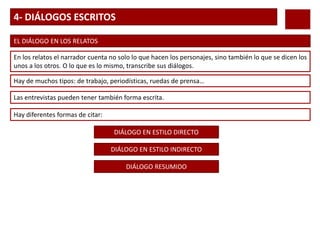 4- DIÁLOGOS ESCRITOS
EL DIÁLOGO EN LOS RELATOS
En los relatos el narrador cuenta no solo lo que hacen los personajes, sino también lo que se dicen los
unos a los otros. O lo que es lo mismo, transcribe sus diálogos.
Hay de muchos tipos: de trabajo, periodísticas, ruedas de prensa…
Las entrevistas pueden tener también forma escrita.
Hay diferentes formas de citar:
DIÁLOGO EN ESTILO DIRECTO
DIÁLOGO EN ESTILO INDIRECTO
DIÁLOGO RESUMIDO
 