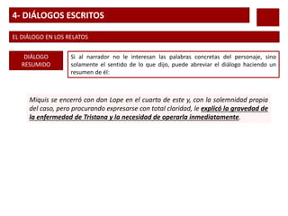 4- DIÁLOGOS ESCRITOS
EL DIÁLOGO EN LOS RELATOS
DIÁLOGO
RESUMIDO
Si al narrador no le interesan las palabras concretas del personaje, sino
solamente el sentido de lo que dijo, puede abreviar el diálogo haciendo un
resumen de él:
Miquis se encerró con don Lope en el cuarto de este y, con la solemnidad propia
del caso, pero procurando expresarse con total claridad, le explicó la gravedad de
la enfermedad de Tristana y la necesidad de operarla inmediatamente.
 