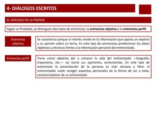 4- DIÁLOGOS ESCRITOS
EL DIÁLOGO EN LA PRENSA
Según su finalidad, se distinguen dos tipos de entrevista: la entrevista objetiva y la entrevista perfil.
Se caracteriza porque el interés reside en la información que aporta un experto
y su opinión sobre un tema. En este tipo de entrevistas predominan los datos
objetivos y técnicos frente a la información personal del entrevistado.
Entrevista
objetiva
Tiene como objetivo dar a conocer la vida del entrevistado —biografía,
trayectoria, etc.— así como sus opiniones, sentimientos. En este tipo de
entrevistas la presentación de la persona es más cercana y libre: el
entrevistador suele recoger aspectos personales de la forma de ser y estar,
caracterizadores de su entrevistado
Entrevista perfil
 