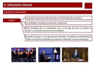 3- DIÁLOGOS ORALES
DIÁLOGOS PLANIFICADOS
DEBATE
Un grupo de personas discute sobre un tema fijado de antemano.
La finalidad es acordar una decisión mayoritaria.
Está presidida por un moderador, que se encarga de que se respete el
orden y la duración de los turnos de palabra.
Cuando el grupo es muy grande (por ejemplo, los debates parlamentarios)
habla un ponente o portavoz que expone y defiende la postura del grupo.
 