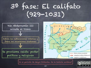 Javier Anzano Jericó
3ª fase: El califato
(929-1031)
10
912: Abderramán III
accede al trono
Sofoca las sublevaciones internas y
frena las incursiones cristianas
Se proclama califa: poder
político y religioso
Es el periodo de mayor brillantez de la historia andalusí
 