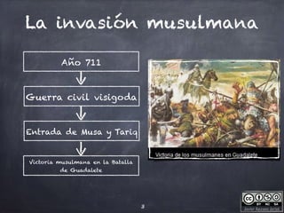Javier Anzano Jericó
La invasión musulmana
Año 711
3
Entrada de Musa y Tariq
Victoria musulmana en la Batalla
de Guadalete
Guerra civil visigoda
 