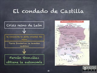 Javier Anzano Jericó
El condado de Castilla
32
Crisis reino de León
Tierra fronteriza: se levantan
castillos
Fernán González
obtiene la autonomía
Se consolida la parte oriental del
reino
 