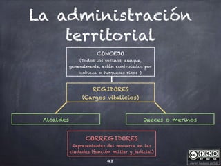 Javier Anzano Jericó
La administración
territorial
48
CONCEJO
(Todos los vecinos, aunque,
generalmente, están controlados por
nobleza o burgueses ricos )
REGIDORES
(Cargos vitalicios)
Alcaldes Jueces o merinos
CORREGIDORES
Representantes del monarca en las
ciudades (función militar y judicial)
 