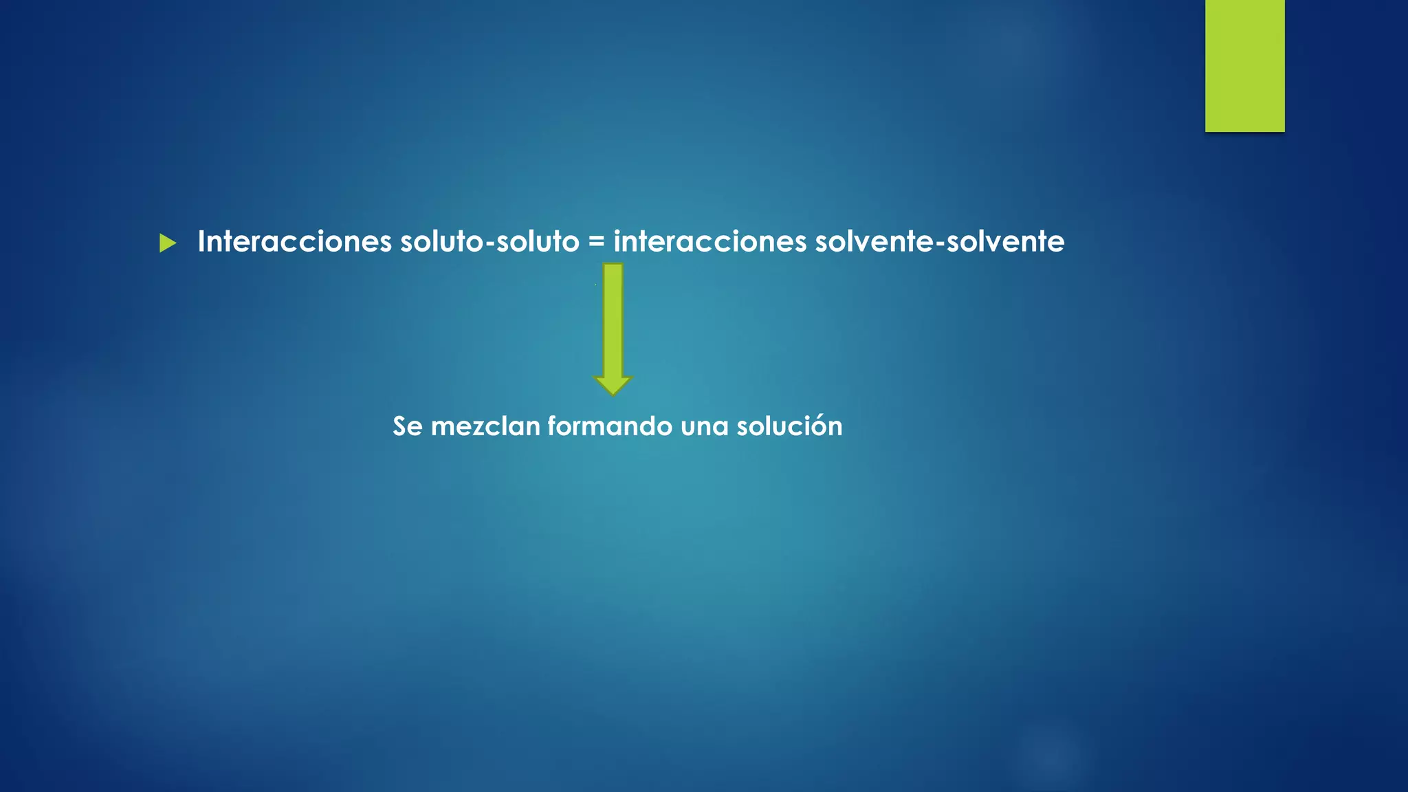  Interacciones soluto-soluto = interacciones solvente-solvente
Se mezclan formando una solución
 