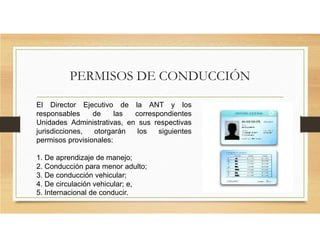 PERMISOS DE CONDUCCIÓN
El Director Ejecutivo de la ANT y los
responsables de las correspondientes
Unidades Administrativas, en sus respectivas
jurisdicciones, otorgarán los siguientes
permisos provisionales:
1. De aprendizaje de manejo;
2. Conducción para menor adulto;
3. De conducción vehicular;
4. De circulación vehicular; e,
5. Internacional de conducir.
 
