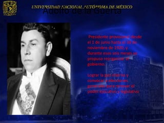 Adolfo de la Guerta

          Presidente provisional desde
          el 1 de junio hasta el 30 de
          noviembre de 1920, y
          durante esos seis meses se
          propuso reorganizar el
          gobierno.

          Lograr la paz interna y
          convocar a elecciones
          generales para renovar el
          poder ejecutivo y legislativo.
 