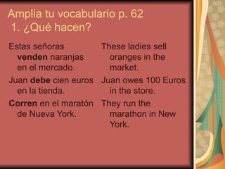 Amplia tu vocabulario  p. 62  1.  ¿Qué hacen? Estas señoras  venden  naranjas en el mercado. Juan  debe  cien euros en la tienda. Corren  en el maratón de Nueva York.  These ladies sell oranges in the market. Juan owes 100 Euros in the store. They run the marathon in New York.  