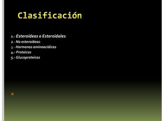 Clasificación1.- Esteroídeas o Esteroidales:2.- No esteroídeas:3.- Hormonas aminoacídicas4.- Proteicas5.- Glucoproteícas