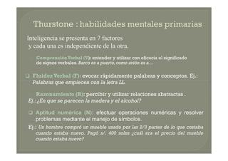  FluidezVerbal (F): evocar rápidamente palabras y conceptos. Ej.:
Palabras que empiecen con la letra LL.
 ComprensiónVerbal (V): entender y utilizar con eficacia el significado
de signos verbales. Barco es a puerto, como avión es a…
Inteligencia se presenta en 7 factores
y cada una es independiente de la otra.
 Razonamiento (R): percibir y utilizar relaciones abstractas .
Ej.: ¿En que se parecen la madera y el alcohol?
 FluidezVerbal (F): evocar rápidamente palabras y conceptos. Ej.:
Palabras que empiecen con la letra LL.
 Aptitud numérica (N): efectuar operaciones numéricas y resolver
problemas mediante el manejo de símbolos.
Ej.: Un hombre compró un mueble usado por las 2/3 partes de lo que costaba
cuando estaba nuevo. Pagó s/. 400 soles ¿cuál era el precio del mueble
cuando estaba nuevo?
 