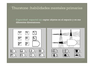  Capacidad espacial (s): captar objetos en el espacio y en sus
diferentes dimensiones.
 