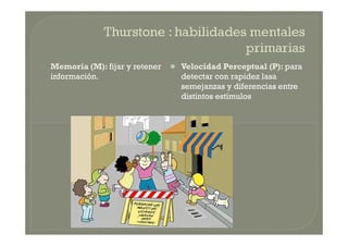  Memoria (M): fijar y retener
información.
 Velocidad Perceptual (P): para
detectar con rapidez lasa
semejanzas y diferencias entre
distintos estímulos
 