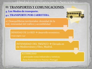 II/ TRANSPORTES Y COMUNICACIONES.
4. Los Modos de transporte.
4.1. TRANSPORTE POR CARRETERA.

e) Desequilibrios territoriales: densidad de la
red, intensidad del tráfico y accesibilidad


     DENSIDAD DE LA RED  desarrollo económico.
     (mapa página 244)



           INTENSIDAD DEL TRÁFICO  Elevada en
           eje Mediterráneo y Ebro, Madrid.

                 ACCESIBILIDAD
                  + principales zonas industriales y turísticas.
                 - Áreas fronterizas con Francia y Portugal.
 