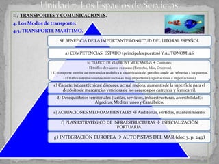 II/ TRANSPORTES Y COMUNICACIONES.
4. Los Modos de transporte.
4.3. TRANSPORTE MARÍTIMO.

                      SE BENEFICIA DE LA IMPORTANTE LONGITUD DEL LITORAL ESPAÑOL

                          a) COMPETENCIAS: ESTADO (principales puertos) Y AUTONOMÍAS

                                          b) TRÁFICO DE VIAJEROS Y MERCANCÍAS  Contrates:
                                         - El tráfico de viajeros es escaso (Estrecho, Islas, Cruceros).
                - El transporte interior de mercancías se dedica a los derivados del petróleo desde las refinerías a los puertos.
                        - El tráfico internacional de mercancías es muy importante (exportaciones e importaciones)

                  c) Características técnicas: dispares, actual mejora, aumento de la superficie para el
                       depósito de mercancías y mejora de los accesos por carretera y ferrocarril.
                    d) Desequilibrios territoriales (tarifas, servicios, infraestructuras, accesibilidad):
                                         Algeciras, Mediterráneo y Cantábrico.

                 e) ACTUACIONES MEDIOAMBIENTALES  Auditorías, vertidos, mantenimiento.

                       f) PLAN ESTRATÉGICO DE INFRAESTRUCTURAS  ESPECIALIZACIÓN
                                                PORTUARIA.

                  g) INTEGRACIÓN EUROPEA  AUTOPISTAS DEL MAR (doc 3, p. 249)
 