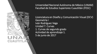 Universidad Nacional Autónoma de México (UNAM)
Facultad de Estudios Superiores Cuautitlán (FESC)
Licenciatura en Diseño y Comunicación Visual (DCV)
Geometría I
Iván Rodríguez Vega
Unidad 7. Curvas
1. Curvas de segundo grado
Actividad de aprendizaje 1.
5 de junio de 2017
 