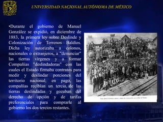 •Durante el gobierno de Manuel
González se expidió, en diciembre de
1883, la primera ley sobre Deslinde y
Colonización de Terrenos Baldíos.
Dicha ley autorizaba a colonos,
nacionales o extranjeros, a "denunciar"
las tierras vírgenes y a formar
Compañías "deslindadoras" con las
cuales el Estado firmaba contratos para
medir y deslindar porciones del
territorio nacional; en pago, las
compañías recibían un tercio de las
tierras deslindadas y gozaban del
derecho de opción y de tarifas
preferenciales para comprarle al
gobierno los dos tercios restantes.
 