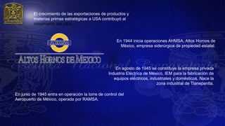El crecimiento de las exportaciones de productos y
          materias primas estratégicas a USA contribuyó al
          crecimiento del país.



                                                       En 1944 inicia operaciones AHMSA, Altos Hornos de
                                                         México, empresa siderúrgica de propiedad estatal.




                                                      En agosto de 1945 se constituye la empresa privada
                                                  Industria Eléctrica de México, IEM para la fabricación de
                                                     equipos eléctricos, industriales y domésticos. Nace la
                                                                            zona industrial de Tlanepantla.

En junio de 1945 entra en operación la torre de control del
Aeropuerto de México, operada por RAMSA.
 