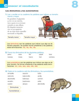 8

C onocer el vocabulario
Los diminutivos y los aumentativos

1. Lee y escribe en tu cuaderno las palabras que indican un tamaño
menor y mayor.
Es grandote el gigant—n
y vive en un caser—n,
tan a gusto en su terraza
sentado en una sillaza.
El chiquit’n ratoncito
vive en un agujerito
de un viejo muro amarillo
moviendo su bigotillo.
Tamaño menor

Tamaño mayor

Los diminutivos son las palabras que indican que algo es de
tamaño pequeño. Se pueden formar añadiendo a las palabras
estas terminaciones: -ito, -ita, -illo, -illa.

2. Forma los diminutivos de las siguientes palabras.
perro

casa

flor

papel

taza

naranja

mesa

barco

tren

ventana

Los aumentativos son las palabras que indican que algo es de
gran tamaño. Se forman añadiendo a las palabras estas terminaciones: -ón, -ona, -azo, -aza, -ote, -ota.

4. Copia en tu cuaderno solo los diminutivos y los aumentativos.
armadillo

tesorón

fotito

ratoncito

balconcillo

arcilla

alcantarilla

balonazo

camión

escalón

bastonazo

anillo

cestón

abrazo

alfombrilla

Diminutivos
Aumentativos
109

 