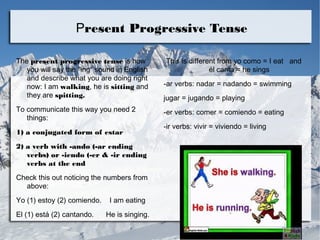 Present Progressive Tense 
The present progressive tense is how 
you will say the "ing" sound in English 
and describe what you are doing right 
now: I am walking, he is sitting and 
they are spitting. 
To communicate this way you need 2 
things: 
1) a conjugated form of estar 
2) a verb with -ando (-ar ending 
verbs) or -iendo (-er & -ir ending 
verbs at the end 
Check this out noticing the numbers from 
above: 
Yo (1) estoy (2) comiendo. I am eating 
El (1) está (2) cantando. He is singing. 
This is different from yo como = I eat and 
él canta = he sings 
-ar verbs: nadar = nadando = swimming 
jugar = jugando = playing 
-er verbs: comer = comiendo = eating 
-ir verbs: vivir = viviendo = living 
 