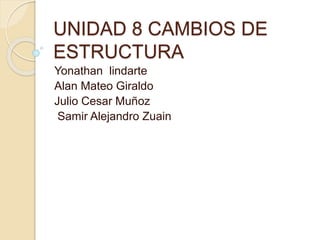 UNIDAD 8 CAMBIOS DE
ESTRUCTURA
Yonathan lindarte
Alan Mateo Giraldo
Julio Cesar Muñoz
Samir Alejandro Zuain
 