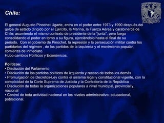 Chile:
El general Augusto Pinochet Ugarte, entra en el poder entre 1973 y 1990 después del
golpe de estado dirigido por el Ejército, la Marina, la Fuerza Aérea y carabineros de
Chile; asumiendo el mismo contexto de presidente de la “junta”, pero luego
consolidando el poder en torno a su figura, ejerciéndolo hasta el final de su
periodo. Con el gobierno de Pinochet, la represión y la persecución militar contra los
partidarios del régimen , de los partidos de la izquierda y el movimiento popular,
comienza de inmediato.
Hubo cambios Políticos y Económicos.
Políticos:
• Disolución del Parlamento
• Disolución de los partidos políticos de izquierda y receso de todos los demás
• Promulgación de Decretos-Ley contra el sistema legal y constitucional vigente, con la
complicidad de la Corte Suprema de Justicia y la Contraloría de la República
• Disolución de todas la organizaciones populares a nivel municipal, provincial y
nacional
• Control de toda actividad nacional en los niveles administrativo, educacional,
poblacional.
 
